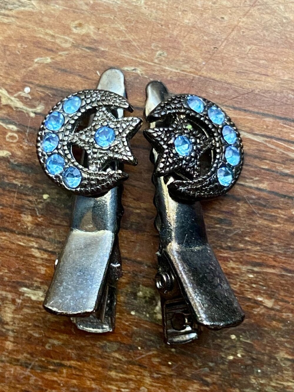 Star Crescent Moon Vintage Hair Clip Blue Rhinestone Barrette Silver PAIR Y2K